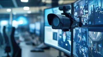 Poster - A zoomed-in view of a webcam mounted on top of a monitor, capturing a professional angle