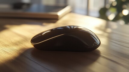 Poster - Close-up of a sleek wireless mouse placed on a wooden desk with soft sunlight reflecting off its surface