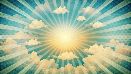 Wall Mural - retro sky pattern with clouds and sun rays , vintage, 70s, 80s, nostalgic, background, texture, abstract, design