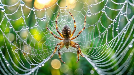 The intricate web of nature, adorned with glistening dewdrops, showcasing a spider patiently waiting in its delicate silken trap.