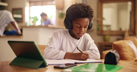 Poster - Child, tablet or writing with headphones for elearning, virtual classroom or online lesson at home. young kid, boy or student with technology or book for remote learning, education or homeschooling