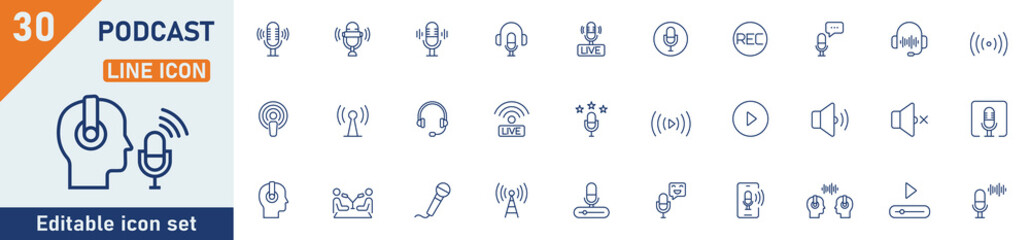 podcast line icon set. set of 30 outline icons related to podcast, microphone, podcasting, record, a