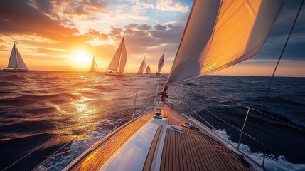 Wall Mural - Stunning sunset sailboat race; several yachts sail across ocean. Perfect for travel, adventure, or nautical themes; evokes freedom and serenity.