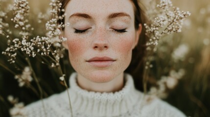 Wall Mural - A young woman relaxes with closed eyes, her hair framing her face, surrounded by delicate flowers in a serene outdoor setting