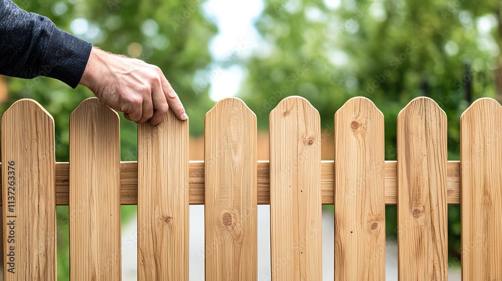 Homeowner checking alignment of a wooden gate, ensuring smooth ...