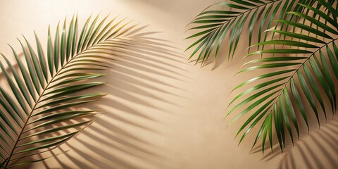 Wall Mural - Palm leaves shadow on beige background, freeze motion, palm leaves, shadow, beige, background, tropical, nature