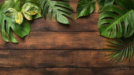 Wall Mural - Vibrant tropical foliage is artistically placed on rustic wooden planks, creating a calming and natural atmosphere ideal for decoration