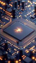 Poster - futuristic circuit board with glowing chip at its center, showcasing intricate connections and vibrant lights, evokes sense of advanced technology and innovation
