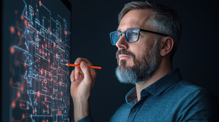 Poster - focused man analyzing complex flowchart on digital screen, using orange pen to draw connections. intricate design showcases his analytical skills and attention to detail