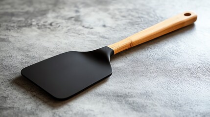 Wall Mural - A black silicone spatula with a wooden handle lying on a grey surface.