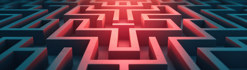 Poster - complex maze design with intricate pathways and glowing red highlights, symbolizing confusion and entrapment. structure creates sense of being lost in labyrinth