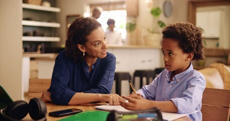 Poster - Mother, boy and helping with homework, books and education with support for problem solving in house. Woman, child and learning with advice, thinking and teaching with scholarship in family home