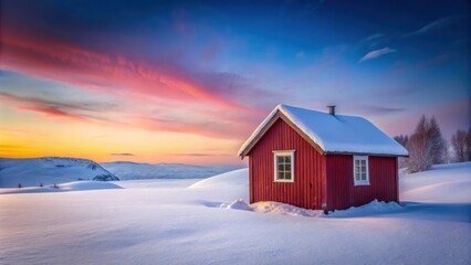 Wall Mural - Cozy red hut surrounded by snowy landscape at dusk, ideal for adventurers and dreamers, cozy, red hut, snowy, landscape