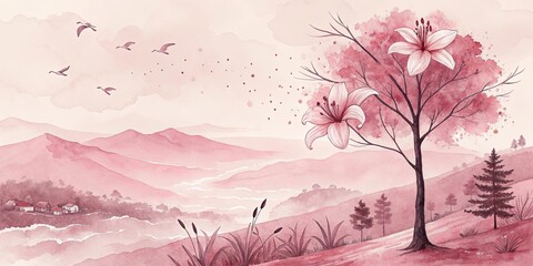 Poster - A pink and white landscape with a tree and birds