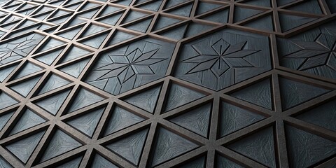 Poster - A black and white image of a floor with a pattern of triangles and squares