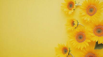 Wall Mural - a serene summer solstice celebration with sunflowers and beach scenes against a radiant yellow backg