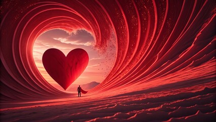 Poster - A man is standing in front of a large red heart