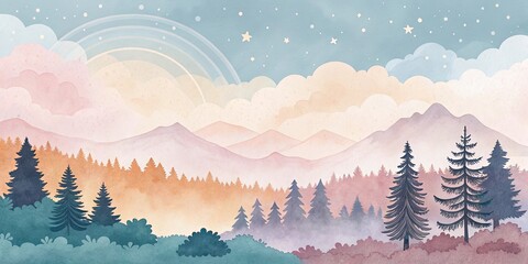 Poster - A painting of a mountain range with a rainbow in the sky