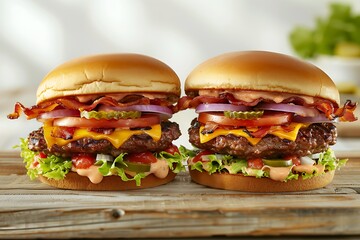 Wall Mural - Two tasty hamburgers with bacon and vegetables on wooden table, closeup