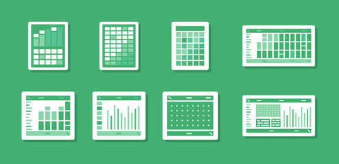 Poster - Spreadsheet flat illustration. Financial accounting report concept. office things for planning accounting, analysis, audit, project management, marketing, research vector set. Infographic UI Elements
