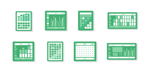 Poster - Spreadsheet flat illustration. Financial accounting report concept. office things for planning accounting, analysis, audit, project management, marketing, research vector set. Infographic UI Elements