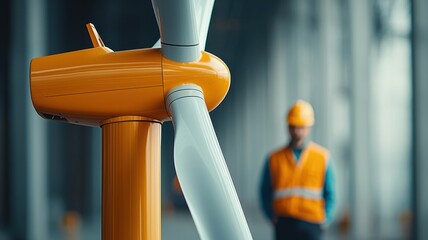 Wall Mural - A wind turbine with an orange base is prominently featured, while a worker in safety gear stands in the background, highlighting renewable energy and safety.