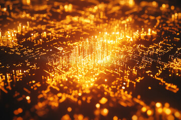Poster - Vibrant electronic circuit board illuminated with glowing golden lights at night