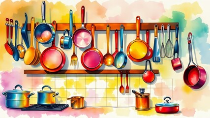 Colorful Watercolor Kitchen Wall Decor - Pots, Pans, Utensils - AI Art