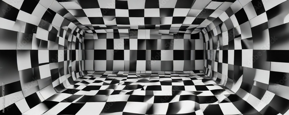 Symmetrical checkered pattern with distorted squares in black and white ...