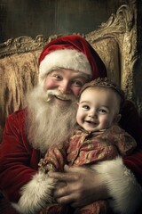 Wall Mural - Cheerful noel, Ñute baby boy happy with santa claus. Christmas promotion creative design image shot for print and social networks use. Santa claus lap photo. Xmas marketing banners.