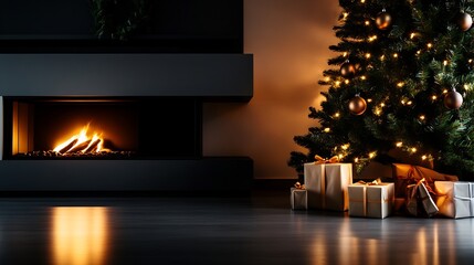 Poster - Cozy Christmas living room with fireplace, tree, and gifts.