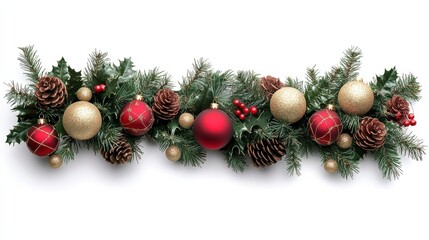 Wall Mural - Christmas garland with red and gold ornaments, pinecones, and holly on a white background. PNG transparent.