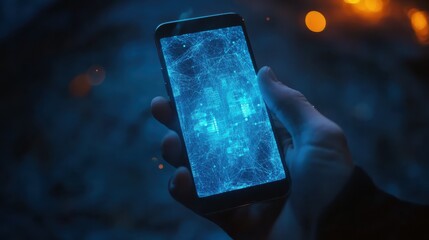 Poster - hand holding smartphone displaying futuristic holographic interface with digital data and glowing ne