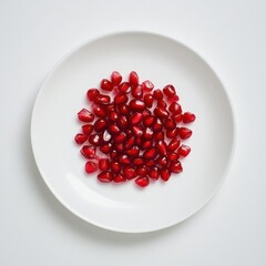 Wall Mural - A minimalist plate of fresh pomegranate seeds, neatly arranged in a simple pattern on a plain white ceramic plate, Pomegranate seeds centered