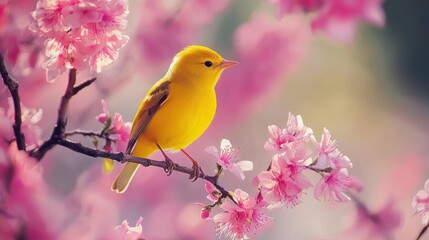 Poster - A Vibrant Yellow Bird Perched on a Delicate Branch of Pink Cherry Blossoms, a Stunning Display of Spring's Arrival, Nature's Beauty in Full Bloom