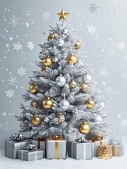 Wall Mural - Silver Christmas tree decorated with silver and gold decorations and Christmas gifts on a white background. New Year card with copy space for text and snowflakes falling.