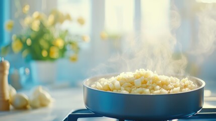 Golden caramelized onions in a skillet, stirred with a wooden spoon. A rich, savory dish preparation in progress.