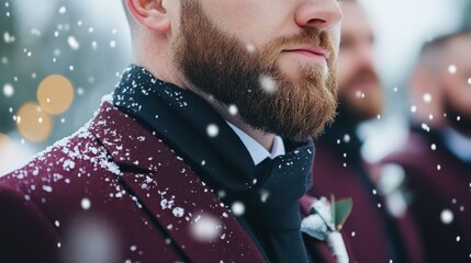 Group of smiling groomsmen in matching burgundy tuxedos with floral boutonnieres, enjoying snowy winter wedding moments outdoors.