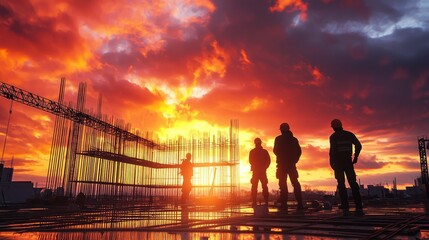 Poster - Workers collaborate on a construction site at sunset, showcasing silhouettes against a colorful sky while reinforcing a new building framework with steel elements.