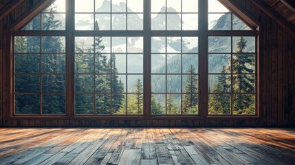 Wall Mural - experience the tranquility of a cozy wooden interior in a mountain lodge, featuring expansive window