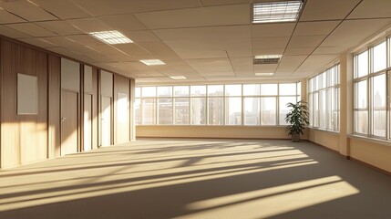 Poster - Bright and spacious office interior showcasing large windows with soft natural lighting, creating a tranquil and modern ambiance ideal for various uses.