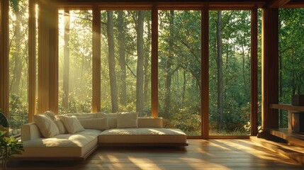 Wall Mural - experience the serene beauty of a modern cabin interior featuring expansive windows, a plush sofa, a