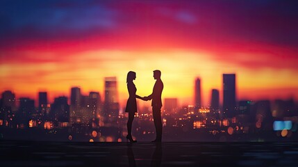 Poster - Silhouetted figures in a business handshake against a vibrant city skyline and sunset, symbolizing collaboration, success, and professional relationships in urban setting