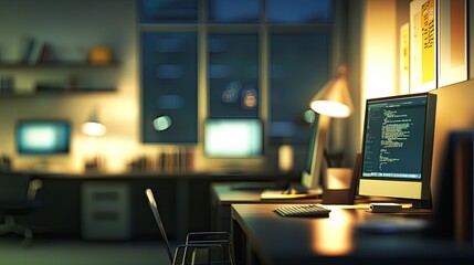 Wall Mural - a serene modern office environment captured during the evening, featuring a blurred view of desks, c