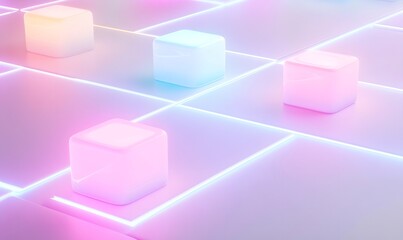 Poster - Glowing cubes on a grid, soft pastel colors.