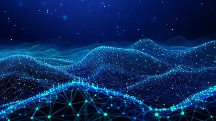 Poster - Abstract Blue and Green Wave of Digital Networks in Starry Night Sky for Technology and Innovation Themes