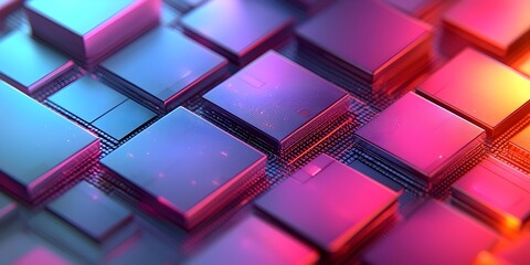 Poster - An abstract close-up of shimmering microchips arranged in a visually striking pattern, featuring vibrant gradients of purple and pink hues, symbolizing advanced technology.