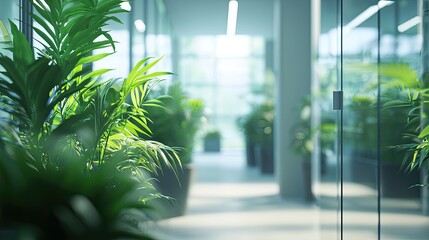 Wall Mural - a modern office interior featuring glass walls and lush indoor plants, creating a serene workspace. 