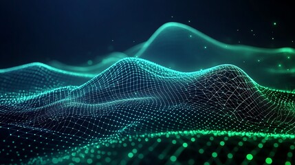 Poster - Abstract Digital Landscape with Flowing Waves and Glowing Dots in a Futuristic Style