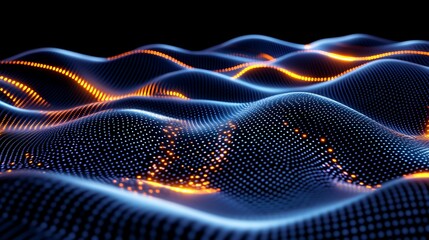 Poster - Abstract digital landscape with glowing dots representing waves in a dark environment, showcasing movement and energy